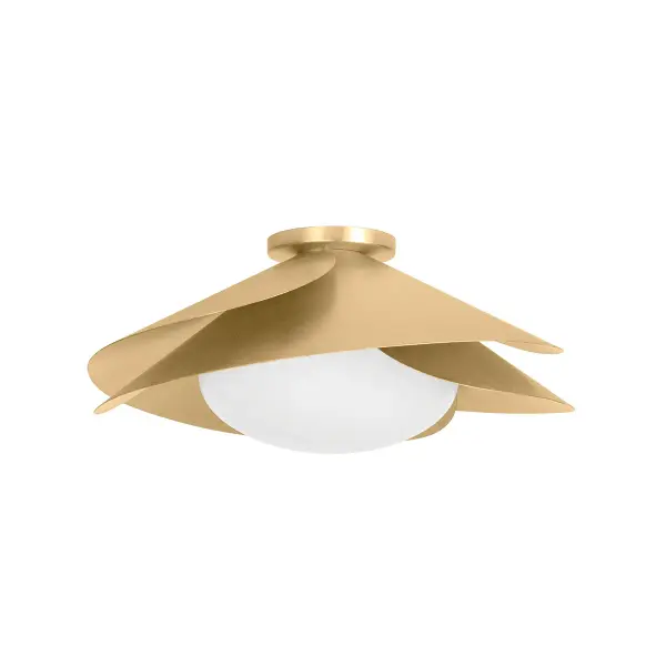 The Brookhaven flush mount features overlapping gold leaf petals that create a sophisticated floral silhouette. The opal glass globe reflects light off the metallic petals for a warm, ambient glow perfect for transitional spaces.