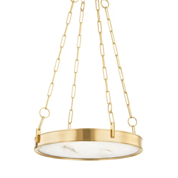 The Kirby chandelier combines minimalist design with luxurious materials. Its alabaster diffuser provides soft, ambient light while the aged brass frame and distinctive paperclip chain add refined detail. Perfect for modern spaces seeking understated elegance.
