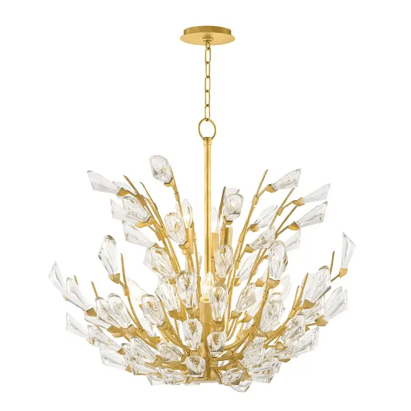 The Tulip chandelier brings sophisticated elegance with its gold leaf finish and nine candelabra lights. At 27.75" wide, it's perfectly proportioned for medium-sized dining rooms and kitchen islands, offering adjustable height and damp location rating.