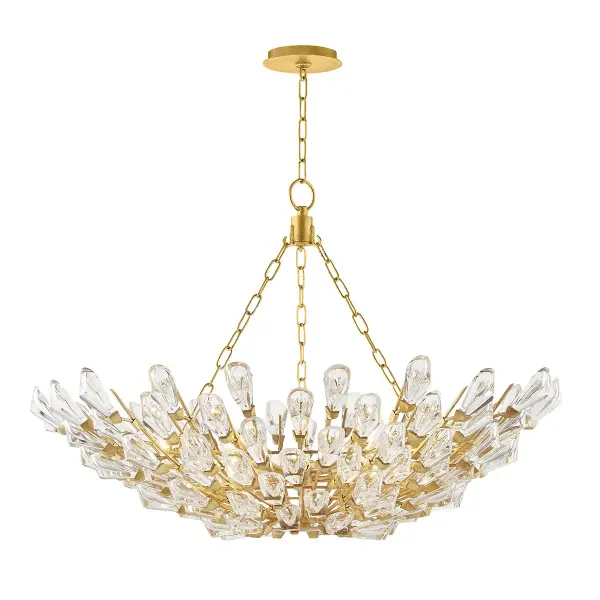 The Tulip chandelier delivers dramatic elegance with 12 candelabra lights arranged in a generous 39.5-inch span. The hand-applied gold leaf finish and crystal accents create a luxurious focal point perfect for formal dining rooms and grand entryways.