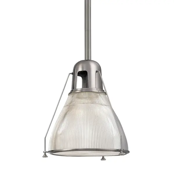 The Haverhill pendant combines timeless holophane glass with a clean satin nickel finish, offering exceptional height adjustability from 14" to 68". Its compact 8" diameter makes it ideal for smaller spaces or multiples over islands.