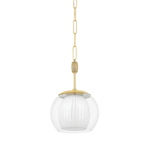 Clementon combines retro charm with organic elegance through its dual-layer glass orb design. The clear outer shade reveals a beautifully fluted opal interior, creating dimensional lighting interest. Aged brass finish adds warmth and vintage appeal.