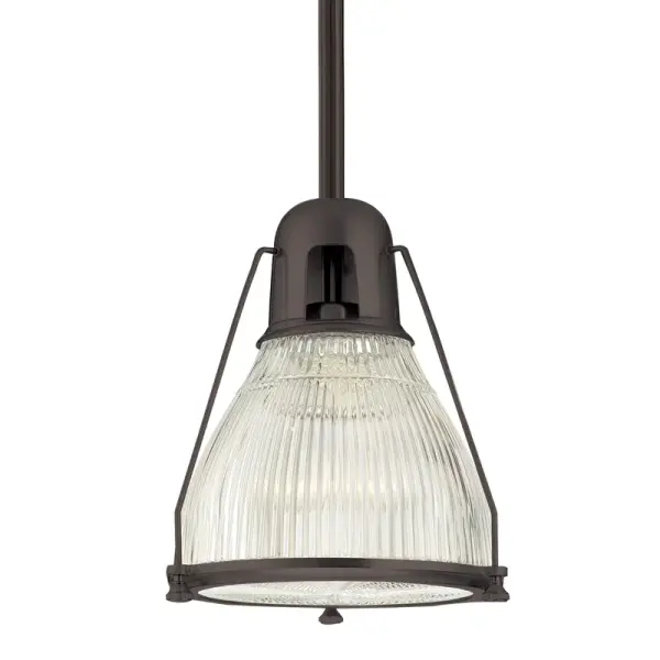 The Haverhill pendant combines timeless holophane glass with an Old Bronze finish for a refined industrial look. Its compact 12-inch diameter makes it perfect for smaller spaces while the adjustable stem height offers installation flexibility.