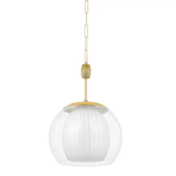 Clementon combines retro charm with organic elegance through its distinctive orb silhouette. The dual-layer glass design—clear exterior with fluted opal interior—creates beautiful light diffusion while the aged brass finish adds warmth.