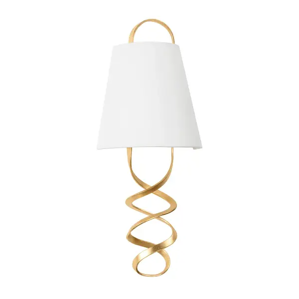 The Dota wall sconce combines artistic curved metalwork with traditional elegance. Its swirling vintage gold leaf frame creates an open, airy silhouette, while the white linen shade adds warmth and versatility to any space.