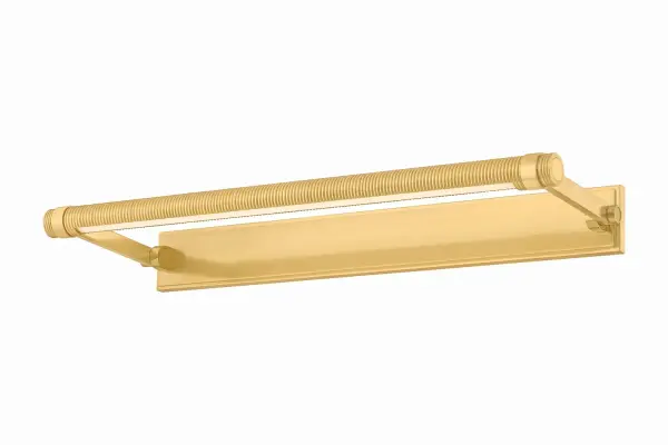 The Duell picture light combines industrial design with refined details like fine knurling and oversized brackets. Its integrated LED provides museum-quality illumination while the aged brass finish adds warmth to any art display.