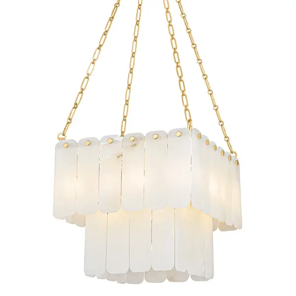 This stunning three-tier chandelier brings old-world glamor to grand spaces. The cascading alabaster panels create a warm, milky glow when lit, while aged brass finials add refined elegance. Perfect for making a dramatic first impression.