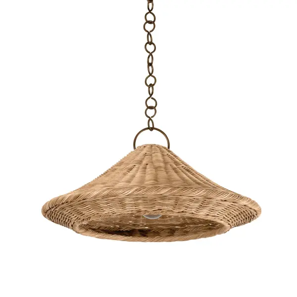 The Baychester pendant brings organic texture and seaside tranquility to any space. Its handwoven conical rattan shade creates beautiful light patterns while the Bronze Leaf finish adds warmth. Perfect for coastal, transitional, or organic modern interiors.