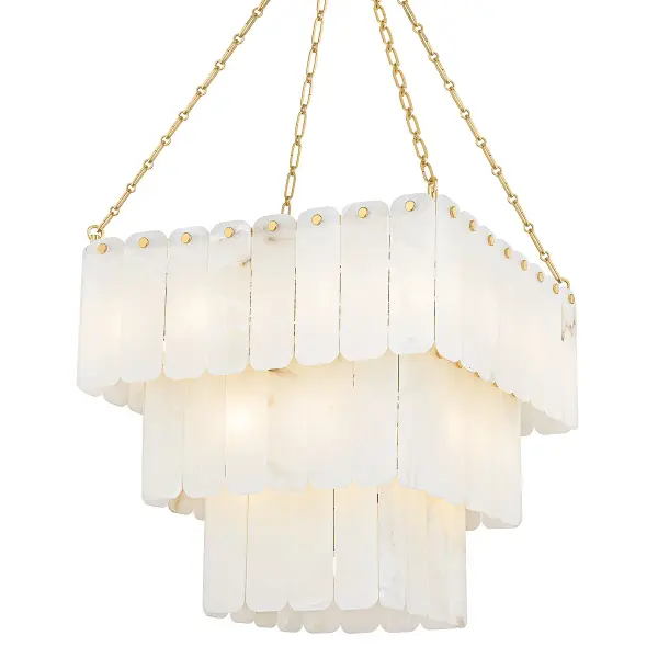 A show-stopping 33-light chandelier that commands attention with three tiers of luminous alabaster panels. The natural stone creates a warm, sophisticated glow perfect for grand spaces. Substantial scale and old-world glamor make this ideal for luxury interiors.