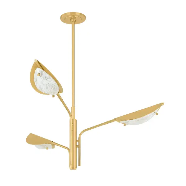 The Levin chandelier transforms spaces with its nature-inspired design, featuring graceful staggered arms and leaf-shaped heads. The aged brass finish adds warmth while specialty glass shades provide soft illumination.