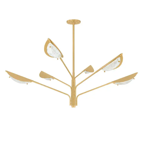 The Levin chandelier transforms spaces with its sprawling, plant-like silhouette and graceful staggered arms. Specialty Remolino Blanco glass shades paired with aged brass metalwork create a luxurious focal point perfect for grand dining rooms and entryways.
