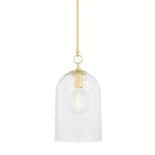 The Belleville pendant combines classic elegance with artisanal detail through its intricate floral etching on clear glass. The aged brass finish adds warmth while the etched pattern creates beautiful light reflections and shadows throughout the room.