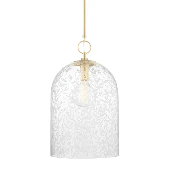 The Belleville pendant combines classic form with intricate floral etching that creates stunning light patterns. Its 14-inch diameter and warm aged brass finish make it versatile for both traditional and contemporary spaces.