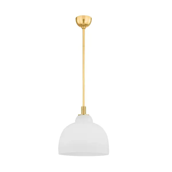 The Oberon pendant showcases sophisticated glass layering with an etched outer shade over an internal globe, creating a distinctive bubble-like form. Its warm aged brass finish and compact 14-inch diameter make it versatile for intimate spaces.