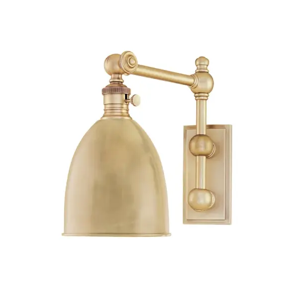 The Roslyn wall sconce combines industrial charm with practical functionality. Its articulated arm and tactile switch offer hands-on control, while the aged brass finish adds warmth to any space.