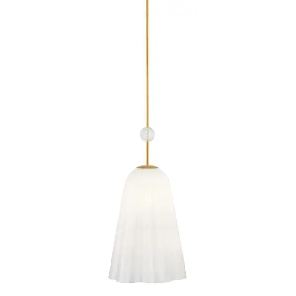 Cambria Heights delivers soft, airy sophistication with its misty Sfumato glass shade and scalloped edges. The rock crystal ornament adds a jewel-like accent, while the Aged Brass finish provides warm, refined support.