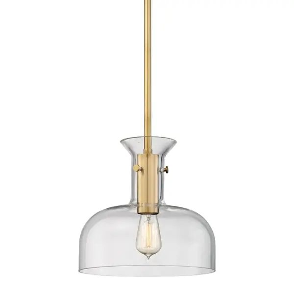 The Coffey pendant offers timeless aged brass styling in a compact 12-inch diameter. Its adjustable stem system (15" to 69") provides exceptional installation flexibility for various ceiling heights and design needs.