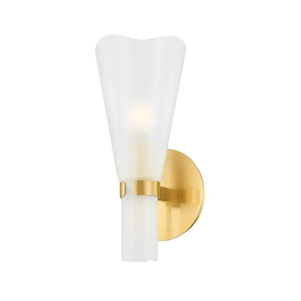 Pine Island brings delicate beauty to any space with its abstracted floral glass shade and minimalist aged brass frame. The etched glass creates soft, diffused lighting perfect for intimate settings, while the undulating top edge adds subtle visual interest.