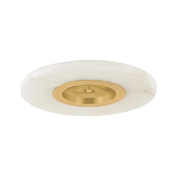 The Alto transforms a ceiling into a focal point with its natural alabaster that reveals intricate veining when lit. The aged brass frame adds warmth and vintage character to an otherwise minimalist design.