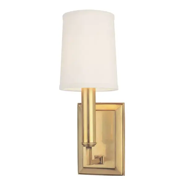 The Clinton wall sconce reimagines traditional candlestick design with modern stepped circular rings and a sleek tapered shade. Its compact 4-inch width and warm aged brass finish make it ideal for tight spaces needing sophisticated ambient lighting.
