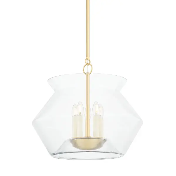 The Edmonton lantern combines modern sculptural form with timeless brass and glass materials. Its unique floating glass shade design creates visual drama while the handblown glass and aged brass finish add warmth and sophistication.