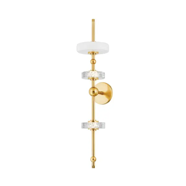 The Maynard sconce brings iconic mid-century design into the modern era with integrated LED technology and hand-blown seedy glass ornaments. Its vertical stacked configuration and aged brass finish create a sophisticated focal point.