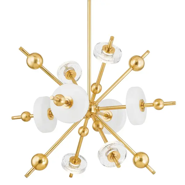 The Maynard chandelier masterfully blends iconic mid-century design with contemporary LED technology. Hand-blown seedy glass orbs create a sculptural statement while the Aged Brass finish adds warmth and sophistication.