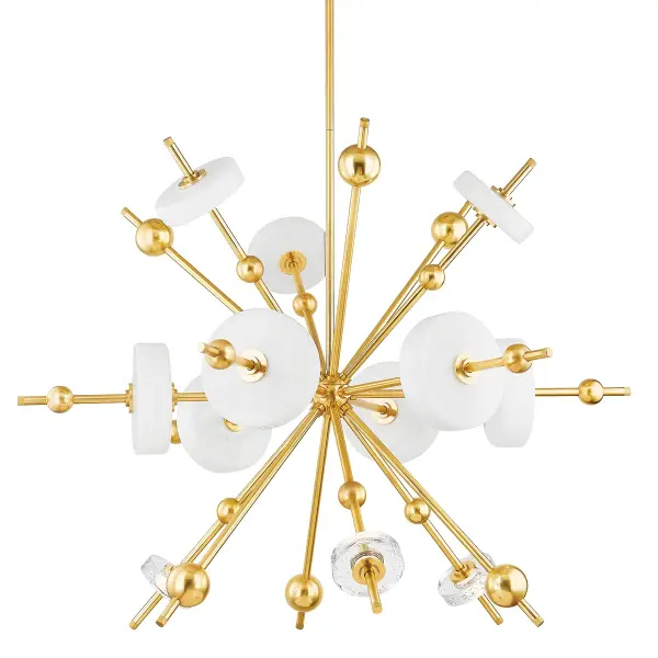The Maynard chandelier reimagines mid-century design with modern LED technology and hand-blown glass ornaments. Its 44.5-inch span and totemic glass formations create dramatic visual impact while integrated LEDs deliver efficient, warm illumination.