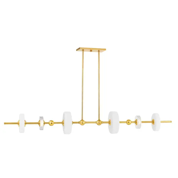 The Maynard linear chandelier masterfully blends mid-century design with contemporary LED technology. Hand-blown seedy opal glass ornaments create a sculptural, totemic presence along slim arms finished in luxurious Aged Brass.