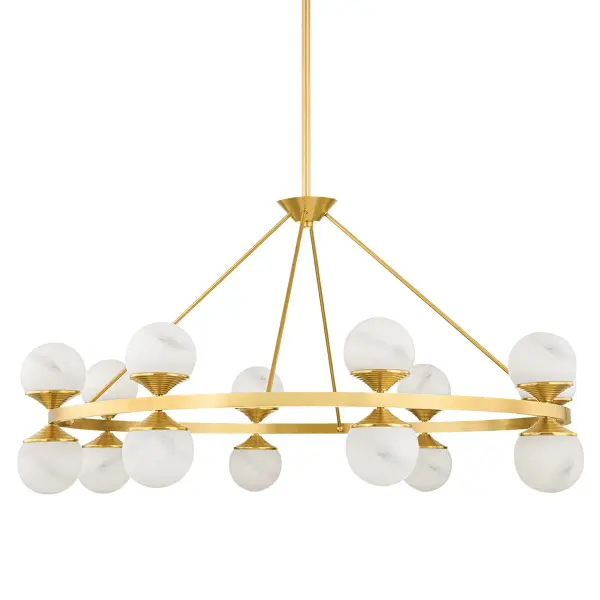 The Grafton makes a bold impression with its 46-inch linear design featuring six alabaster glass shades suspended from an aged brass frame. Energy-efficient integrated LED lighting provides warm illumination ideal for dining and entertaining spaces.