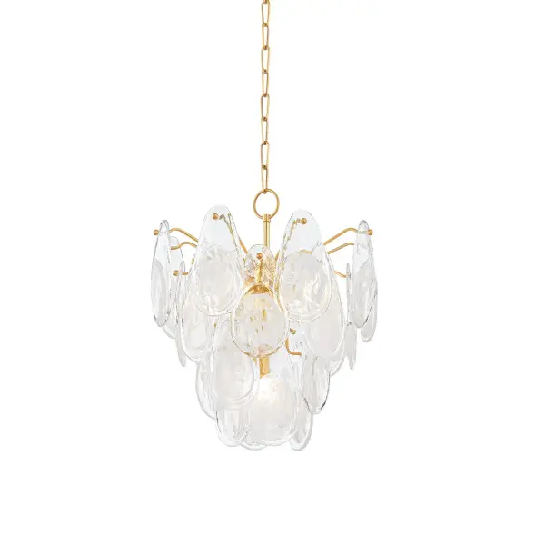 The Darcia chandelier brings poetic beauty with its cascading tiers of hand-blown Blonchino Piastra glass teardrops. The waterfall-like design creates a sculptural focal point while the aged brass finish adds warmth and sophistication.