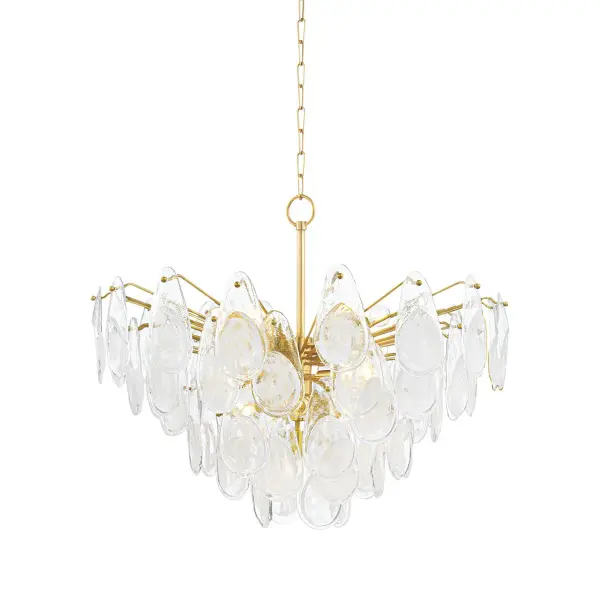 The Darcia makes a stunning statement with hand-blown glass teardrops arranged in waterfall tiers. Its organic, shell-like design diffuses light beautifully while the aged brass finish adds warmth. A showstopping piece for grand spaces.