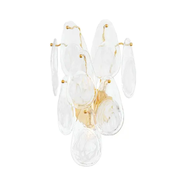 The Darcia wall sconce brings poetic beauty to any space with its cascading tiers of hand-blown Blonchino Piastra glass teardrops. The waterfall-like design softens and diffuses light while creating visual interest. Aged brass finish adds warmth.