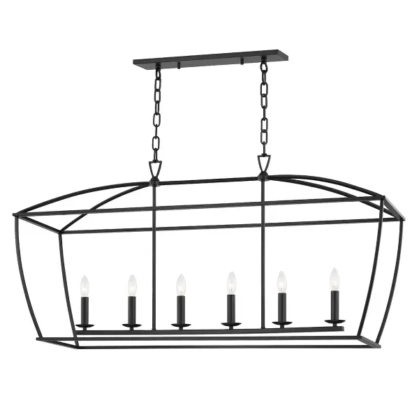 Bryant reimagines the classic four-sided lantern with a slender, elongated framework that works beautifully over kitchen islands and dining tables. The open design allows light to radiate freely in all directions, creating warm ambient illumination.