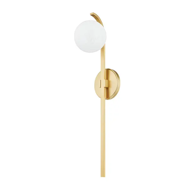 The Laval sconce combines modern sophistication with artistic flair. Six etched glass globes create a stunning speckled opal effect, mounted on gracefully curved brass arms. Perfect for adding vertical drama to bathrooms and hallways.