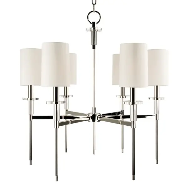 The Amherst chandelier combines polished nickel hardware with soft faux silk shades for a refined look that bridges traditional and contemporary styles. Its 25-inch width makes it versatile for dining rooms and kitchen islands.