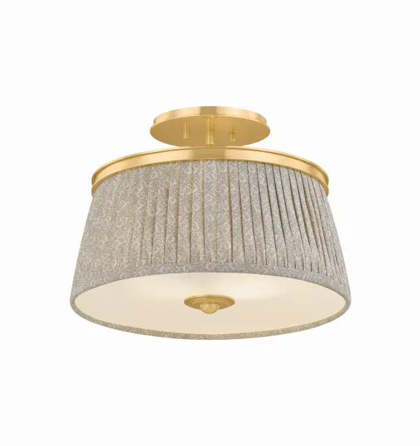 Recalling the design aesthetics of Adolf Loos, the Valeria family updates modern silhouettes with a hint of countryside charm. Softly gathered linen shades are printed with a gray-and-white botanical pattern, infusing the design with warmth and whimsy. A clear etched glass diffuser at the base softens the light into an inviting glow. Finished in Aged Brass, the metalwork is accented by decorative bauble detailing. Valeria is available as a 1- or 3-light pendant, a 2-light semi flush mount, and a 3-light linear. Collection: Valeria Designer: Hudson Valley Lighting Finish: Aged Brass Glass: Gathered Printed Cotton Width: 16.25" Height: 12.00" Weight: 10.14 lb Canopy: 6.75"x0.75" Number of Bulbs: 2 Maximum Wattage: 15.00 W Bulb Type: A19 Bulb Base: E26 Medium Voltage: 120.00 V Material: Linen Country of Origin: VN Safety Listing: UL/cUL Safety Rating: Damp Manufacturer Warranty: 1 Year Limited Manufacturer Spec Sheet Instructions