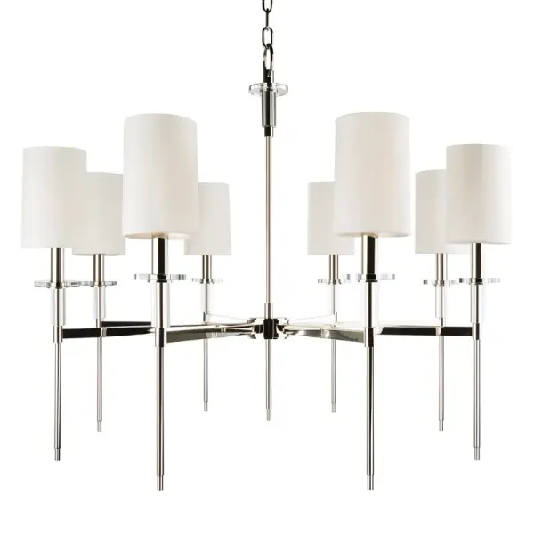 The Amherst chandelier combines classic elegance with versatile transitional styling. Its polished nickel finish and faux silk shades create sophisticated ambient lighting perfect for formal dining rooms and grand entryways.