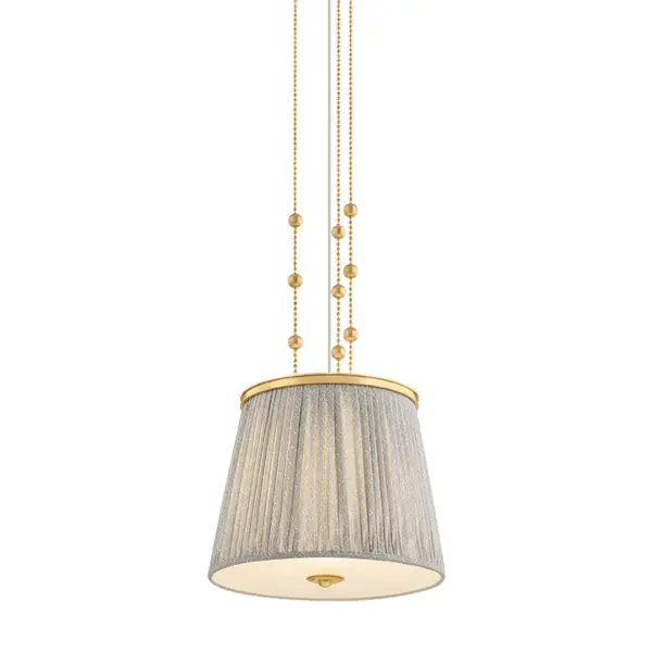 Recalling the design aesthetics of Adolf Loos, the Valeria family updates modern silhouettes with a hint of countryside charm. Softly gathered linen shades are printed with a gray-and-white botanical pattern, infusing the design with warmth and whimsy. A clear etched glass diffuser at the base softens the light into an inviting glow. Finished in Aged Brass, the metalwork is accented by decorative bauble detailing. Valeria is available as a 1- or 3-light pendant, a 2-light semi flush mount, and a 3-light linear. Collection: Valeria Designer: Hudson Valley Lighting Finish: Aged Brass Glass: Gathered Printed Cotton Width: 18.00" Height: 15.00" Weight: 9.92 lb Chain: 54" Canopy: 7.00"x0.75" Number of Bulbs: 1 Maximum Wattage: 15.00 W Bulb Type: A19 Bulb Base: E26 Medium Voltage: 120.00 V Material: Linen Country of Origin: VN Safety Listing: UL/cUL Safety Rating: Damp Manufacturer Warranty: 1 Year Limited Manufacturer Spec Sheet Instructions