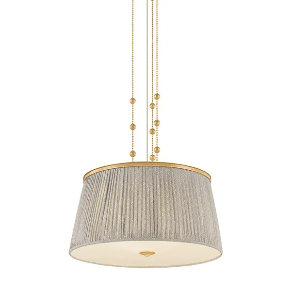 Recalling the design aesthetics of Adolf Loos, the Valeria family updates modern silhouettes with a hint of countryside charm. Softly gathered linen shades are printed with a gray-and-white botanical pattern, infusing the design with warmth and whimsy. A clear etched glass diffuser at the base softens the light into an inviting glow. Finished in Aged Brass, the metalwork is accented by decorative bauble detailing. Valeria is available as a 1- or 3-light pendant, a 2-light semi flush mount, and a 3-light linear. Collection: Valeria Designer: Hudson Valley Lighting Finish: Aged Brass Glass: Gathered Printed Cotton Width: 28.00" Height: 15.00" Weight: 22.05 lb Chain: 54" Canopy: 7.00"x0.75" Number of Bulbs: 3 Maximum Wattage: 15.00 W Bulb Type: A19 Bulb Base: E26 Medium Voltage: 120.00 V Material: Linen Country of Origin: VN Safety Listing: UL/cUL Safety Rating: Damp Manufacturer Warranty: 1 Year Limited Manufacturer Spec Sheet Instructions
