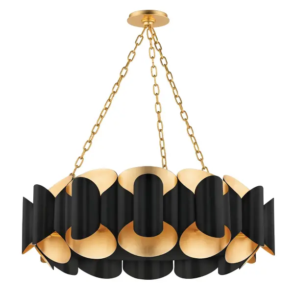 This dramatic 12-light chandelier from Hudson Valley combines gold leaf and black finishes for a sophisticated, high-impact look. Perfect for grand dining rooms and entryways where a bold statement piece is desired.