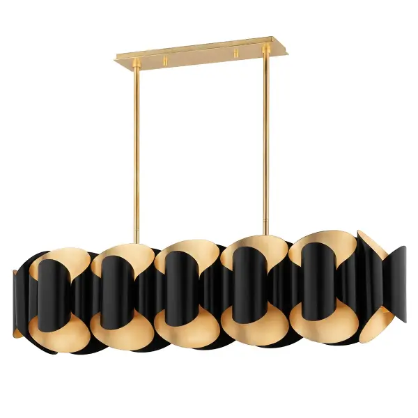 This substantial island pendant makes a bold statement with 12 lights arranged in a linear configuration. The sophisticated Gold Leaf and Black two-tone finish adds depth and visual interest, perfect for contemporary and transitional spaces.