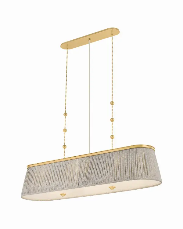Recalling the design aesthetics of Adolf Loos, the Valeria family updates modern silhouettes with a hint of countryside charm. Softly gathered linen shades are printed with a gray-and-white botanical pattern, infusing the design with warmth and whimsy. A clear etched glass diffuser at the base softens the light into an inviting glow. Finished in Aged Brass, the metalwork is accented by decorative bauble detailing. Valeria is available as a 1- or 3-light pendant, a 2-light semi flush mount, and a 3-light linear. Collection: Valeria Designer: Hudson Valley Lighting Finish: Aged Brass Glass: Gathered Printed Cotton Width: 48.75" Height: 10.25" Weight: 17.64 lb Chain: 54" Canopy: 22.00"x0.50" Number of Bulbs: 3 Maximum Wattage: 15.00 W Bulb Type: A19 Bulb Base: E26 Medium Voltage: 120.00 V Material: Linen Country of Origin: VN Safety Listing: UL/cUL Safety Rating: Damp Manufacturer Warranty: 1 Year Limited Manufacturer Spec Sheet Instructions