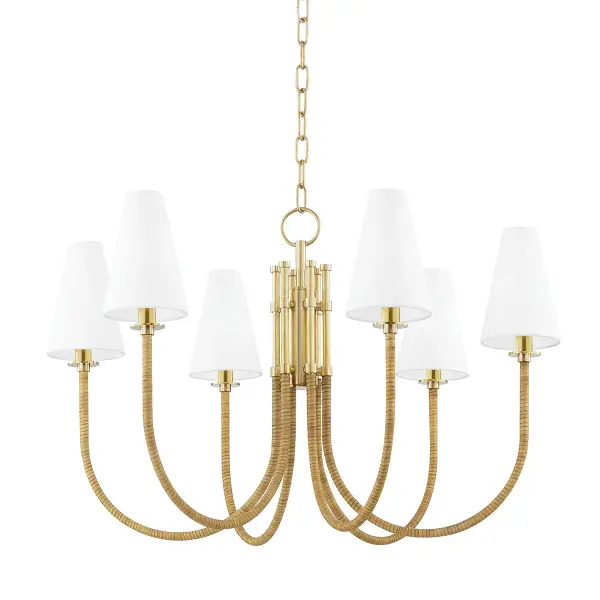 The Ripley chandelier brings sophisticated warmth through its unique blend of aged brass metalwork and handwoven rattan accents. The looping J-shaped arms create visual interest while white linen shades soften the light beautifully.