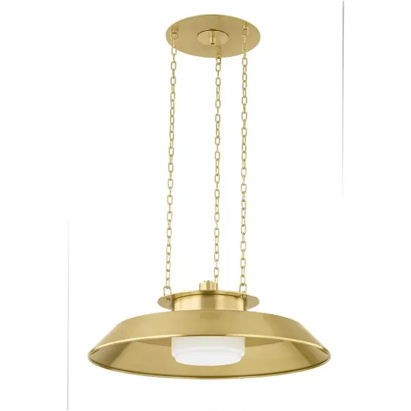 The Woodrow pendant combines classic warehouse styling with refined details. Its 22-inch reflector and opal glass shade create beautiful ambient light, while the aged brass finish adds warmth to industrial design.
