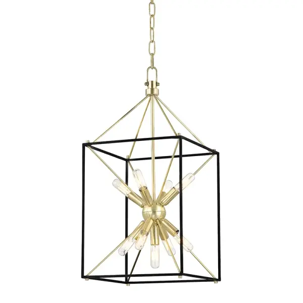The Glendale lantern brings traditional elegance with its nine-light Sputnik design and warm aged brass finish accented by hammered black details. Perfect for creating a focal point in entryways and dining spaces.