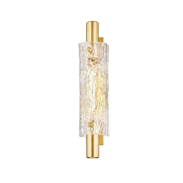 The Harwich sconce combines clean lines with sophisticated materials, featuring a stunning curved piastra glass shade that creates a glamorous, luxurious look. Its versatile design allows for both horizontal and vertical mounting.