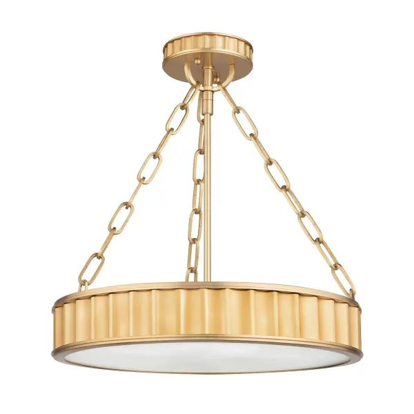 The Middlebury brings traditional elegance to low-ceiling spaces with its compact 16.5-inch profile and warm aged brass finish. Three candelabra bulbs provide ample illumination through opal matte glass shades.