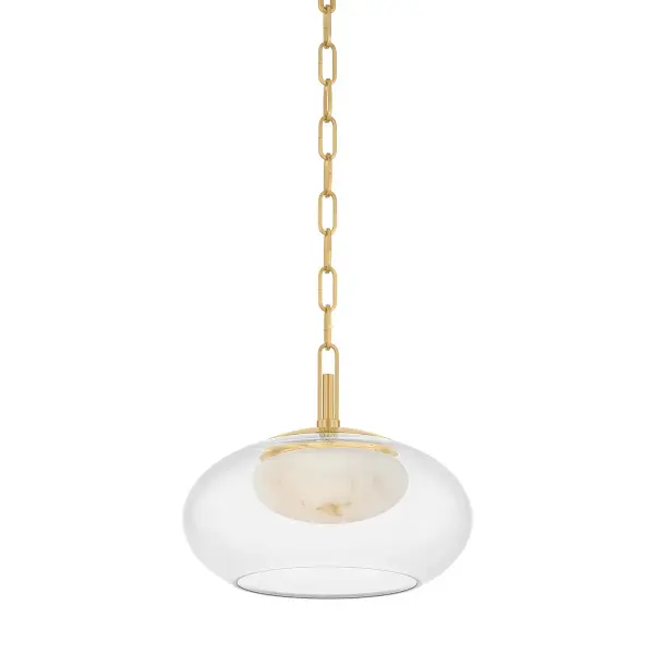 Moore delivers sophisticated simplicity with its innovative nested glass design. The outer clear glass reveals a luminous alabaster core, creating a warm, diffused light that elevates any space. The Aged Brass finish adds timeless luxury.