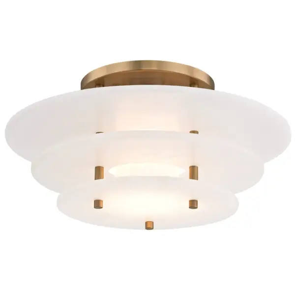 The Gatsby brings 1920s glamour to modern spaces with its aged brass finish and dual glass shades. The integrated LED provides efficient, warm illumination while the low-profile design works beautifully in rooms with standard ceiling heights.